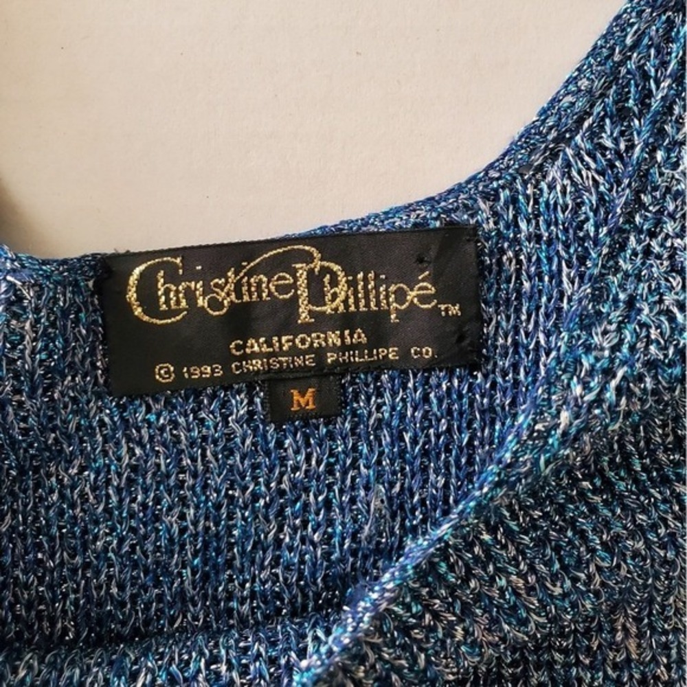 Vintage 90s Blue Crochet Knit Tank Christine Phillipe Sleeveless Shimmer Top M - Picture 14 of 14